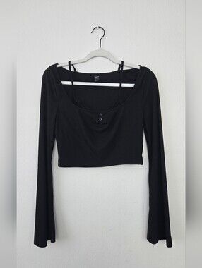Black Long-Sleeve Cropped Scoop Neck Grunge Punk Top